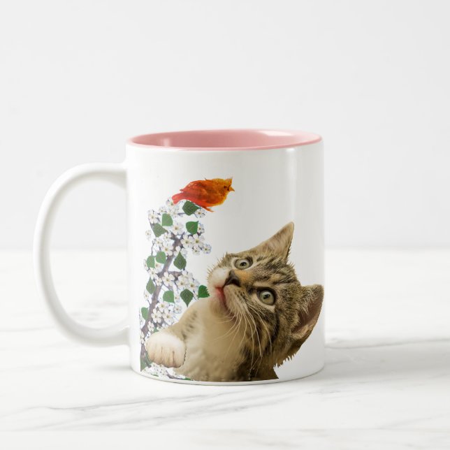 Caneca De Café Em Dois Tons Gato Atigrado Fofo, Flores & Pequeno Pássaro  (Esquerda)
