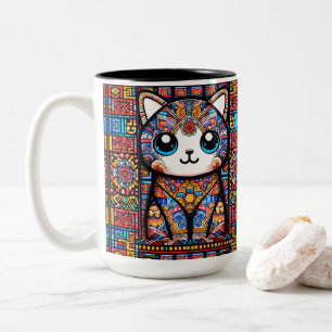 Caneca De Café Em Dois Tons Gato Bonito com Charme de Padrão Tradicional
