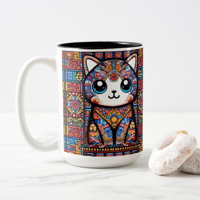 Caneca De Café Em Dois Tons Gato Bonito com Charme de Padrão Tradicional (Com Donut)