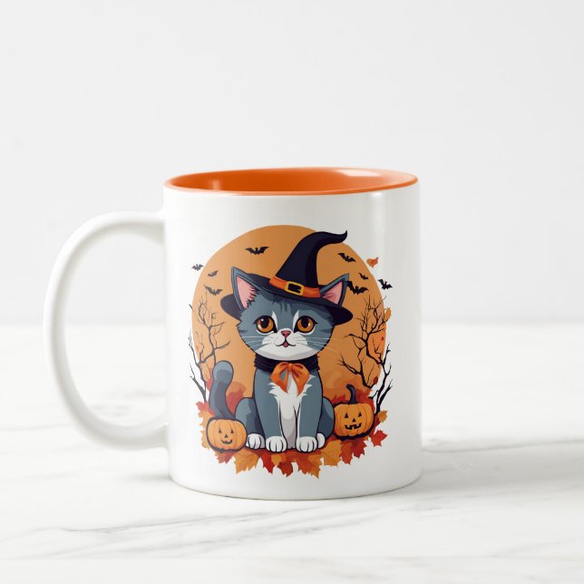 Caneca De Café Em Dois Tons Gato Bonito de Halloween (Esquerda)