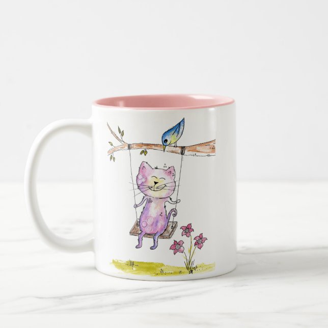 Caneca De Café Em Dois Tons Gato Branco Cinto-Rosa em Swing (Esquerda)
