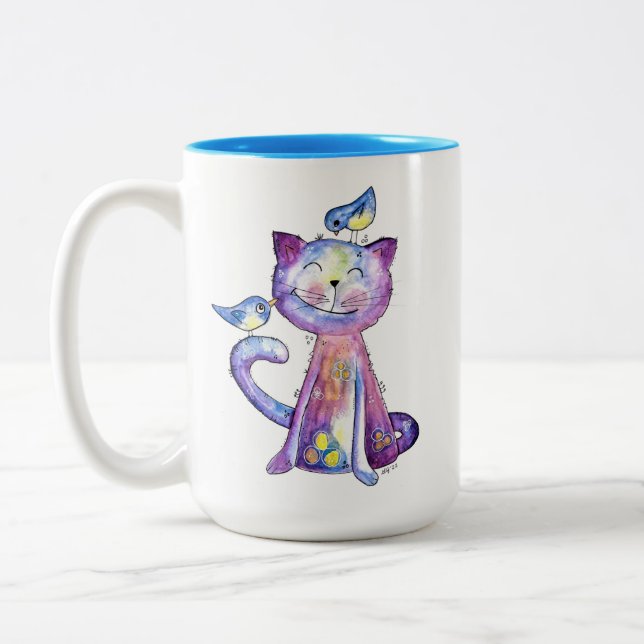 Caneca De Café Em Dois Tons Gato Branco e Roxo Cugado com Aves (Esquerda)