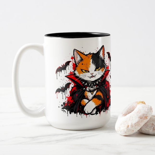 Caneca De Café Em Dois Tons Gato Calico Vampiro Halloween (Com Donut)