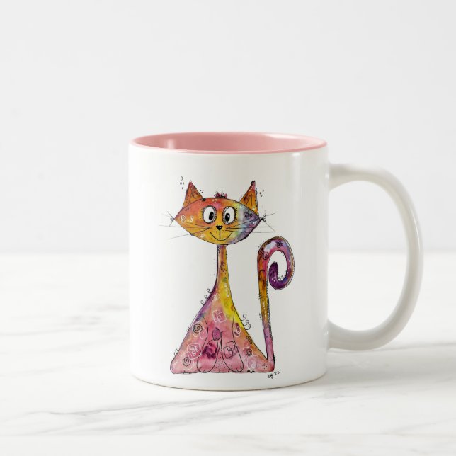 Caneca De Café Em Dois Tons Gato Cinzento, Rosa, Branco (Direita)