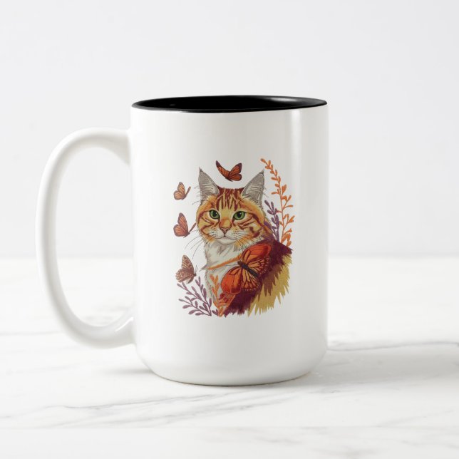 Caneca De Café Em Dois Tons Gato com Borboletas Monarcas (Esquerda)