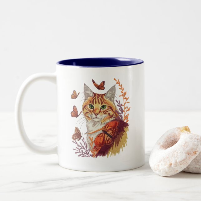 Caneca De Café Em Dois Tons Gato com Borboletas Monarcas (Com Donut)