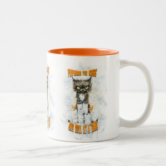 Caneca De Café Em Dois Tons Gato Cranky Apanhando Para Uma Crise (Direita)