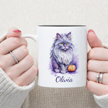 Gato de angorá de aquarela do Halloween com abóbor