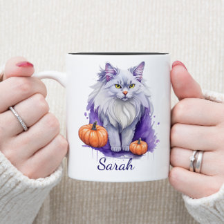Caneca De Café Em Dois Tons Gato de angorá de aquarela do Halloween com abóbor