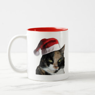 Caneca De Café Em Dois Tons Gato de Calico Cinto Vestindo o Chapéu Santa