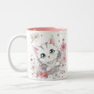 Caneca De Café Em Dois Tons Gato De Corte Em Flores