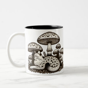 Caneca De Café Em Dois Tons Gato de Cottagecore com Cogumelos