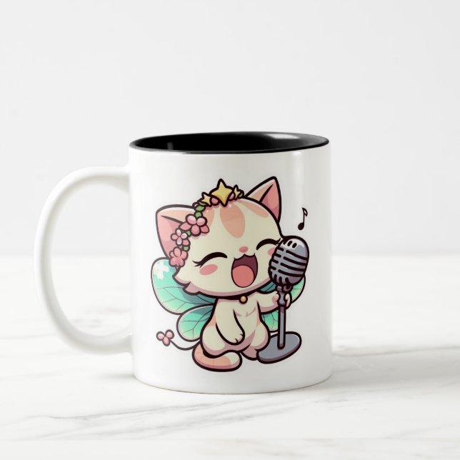 Caneca De Café Em Dois Tons Gato de fada bonito cantando (Esquerda)