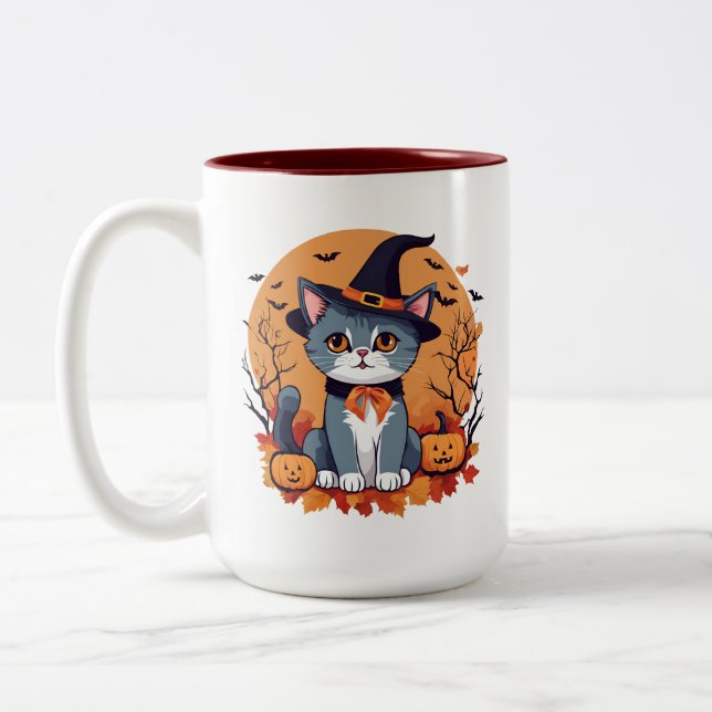 Caneca De Café Em Dois Tons Gato de Halloween Bonito Grande (Esquerda)