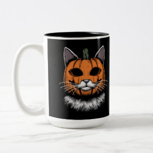 Caneca De Café Em Dois Tons Gato de Halloween, Cara de Abóbora