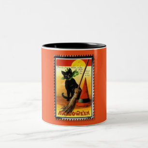 Caneca De Café Em Dois Tons Gato de Halloween Sentado Chapéu de Bruxas