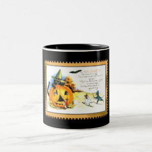 Caneca De Café Em Dois Tons Gato de Halloween Sentado em Jack O Lantern