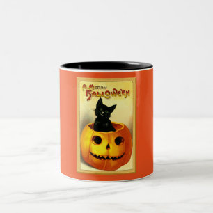 Caneca De Café Em Dois Tons Gato de Halloween Sentado em Jack O Lantern