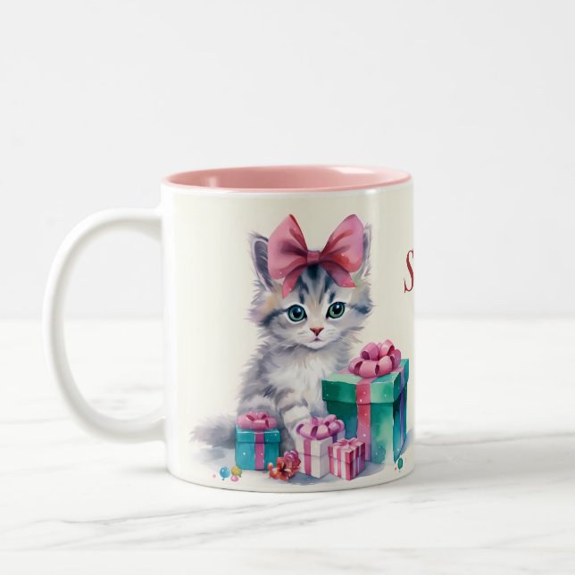 Caneca De Café Em Dois Tons Gato de Kitty Doce Adicionar Nome Gpresente Person (Esquerda)