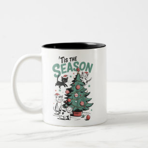 Caneca De Café Em Dois Tons Gato de Natal Retro É a Temporada Meowy Catmas 