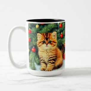 Caneca De Café Em Dois Tons Gato de Natal Vintage