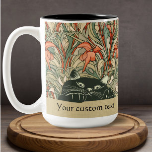 Caneca De Café Em Dois Tons Gato de Pequim Bonito Art Nouveau Floral Vermelho
