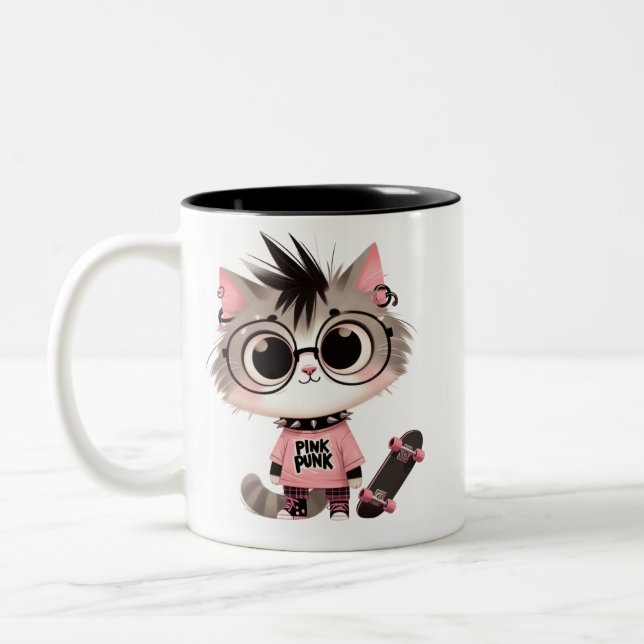Caneca De Café Em Dois Tons Gato de Punk Cinto com skate | Gatinho Rosa Punk (Esquerda)