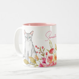 Caneca De Café Em Dois Tons Gato e Flores Personalizadas, Rosa e Branco