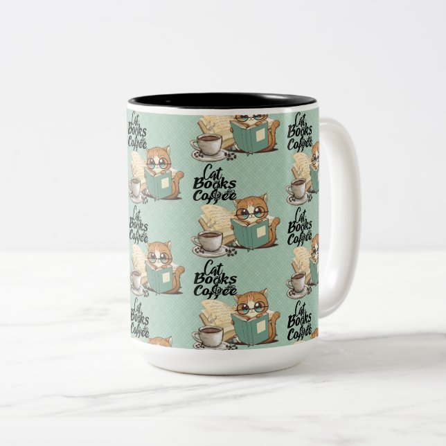 Caneca De Café Em Dois Tons Gato e Garota Encantados Lendo Livros (Frente Esquerda)