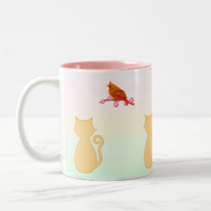 Caneca De Café Em Dois Tons Gato e Pássaro Vermelho