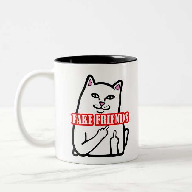 Caneca De Café Em Dois Tons Gato Engraçado, Amigos Falsos De Dedo Médio (Esquerda)