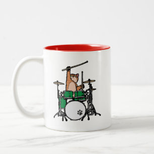 Caneca De Café Em Dois Tons Gato Engraçado Jogando Tambores, Baterista De Gat