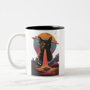 Caneca De Café Em Dois Tons Gato Engraçado Selfie Com Alienígena Vintage Ufo G