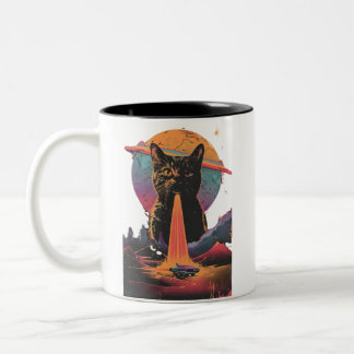 Caneca De Café Em Dois Tons Gato Engraçado Selfie Com Alienígena Vintage Ufo G