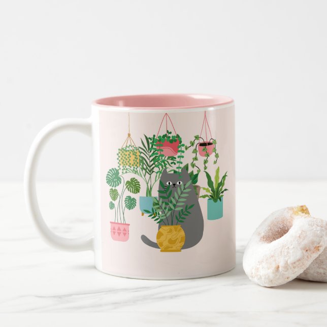 Caneca De Café Em Dois Tons Gato Entre Plantas Engraçado (Com Donut)