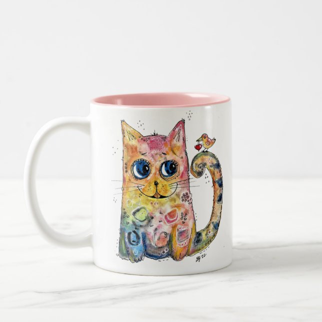 Caneca De Café Em Dois Tons Gato Feliz e Caprichoso com Pássaro (Esquerda)