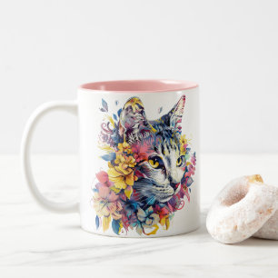 Caneca De Café Em Dois Tons Gato Floral