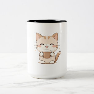 Caneca De Café Em Dois Tons Gato Fofo Bebendo Café Design Kawaii
