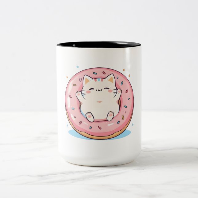 Caneca De Café Em Dois Tons Gato Fofo em Design Kawaii de Donut Doce (Centro)