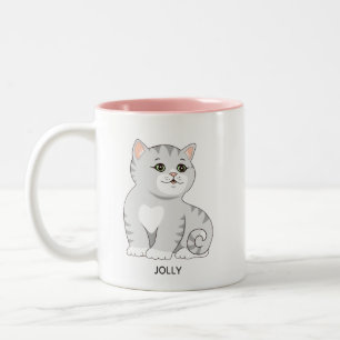 Caneca De Café Em Dois Tons Gato Gata Cinza Tabby Prateado & Texto Personaliza