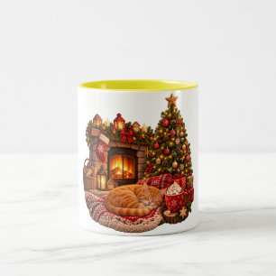 Caneca De Café Em Dois Tons Gato Gengibre Dormindo ao lado da Lareira Clipart 