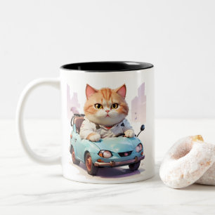 Caneca De Café Em Dois Tons Gato gordo Dirigindo um carro com um café