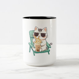 Caneca De Café Em Dois Tons Gato Kawaii Chibi de Óculos de Sol Bebendo Frappè