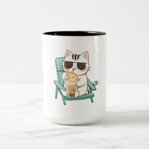 Caneca De Café Em Dois Tons Gato Kawaii Chibi de Óculos de Sol Bebendo Frappè