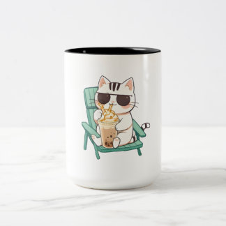 Caneca De Café Em Dois Tons Gato Kawaii Chibi de Óculos de Sol Bebendo Frappè