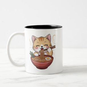 Caneca De Café Em Dois Tons Gato Kawaii Comendo Ramen