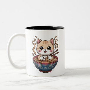 Caneca De Café Em Dois Tons Gato Kawaii Comendo Ramen Design Fofo