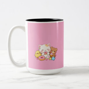 Caneca De Café Em Dois Tons Gato Kawaii Fofo, Frango e Urso de Pelúcia Donut P