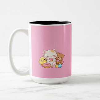 Caneca De Café Em Dois Tons Gato Kawaii Fofo, Frango e Urso de Pelúcia Donut P