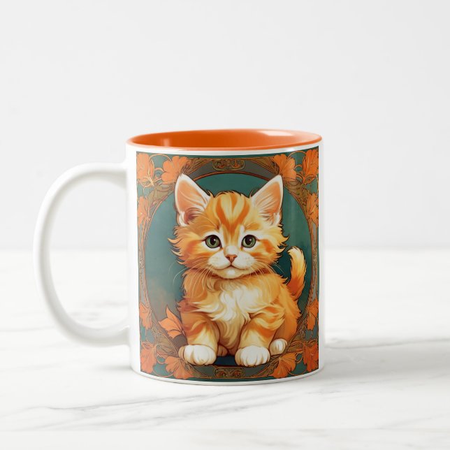 Caneca De Café Em Dois Tons Gato Laranja Estilo Alphonse Mucha (Esquerda)